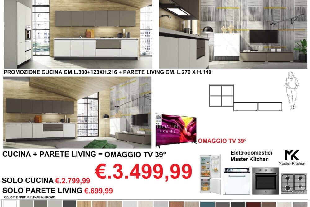 PROMO CUCINA+PARETE LIVING+OMAGGIO TV 39° MOD. YARIS SISTEMA GOLA