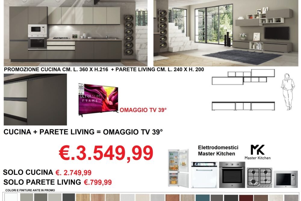 PROMO 3 CUCINA+PARETE LIVING+OMAGGIO TV 39° MOD.YARIS SISTEMA GOLA