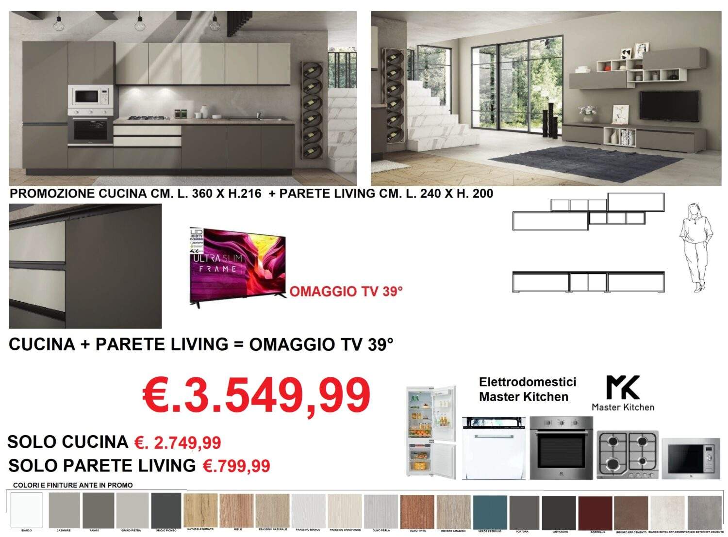 PROMO 3 CUCINA+PARETE LIVING+OMAGGIO TV 39° MOD.YARIS SISTEMA GOLA