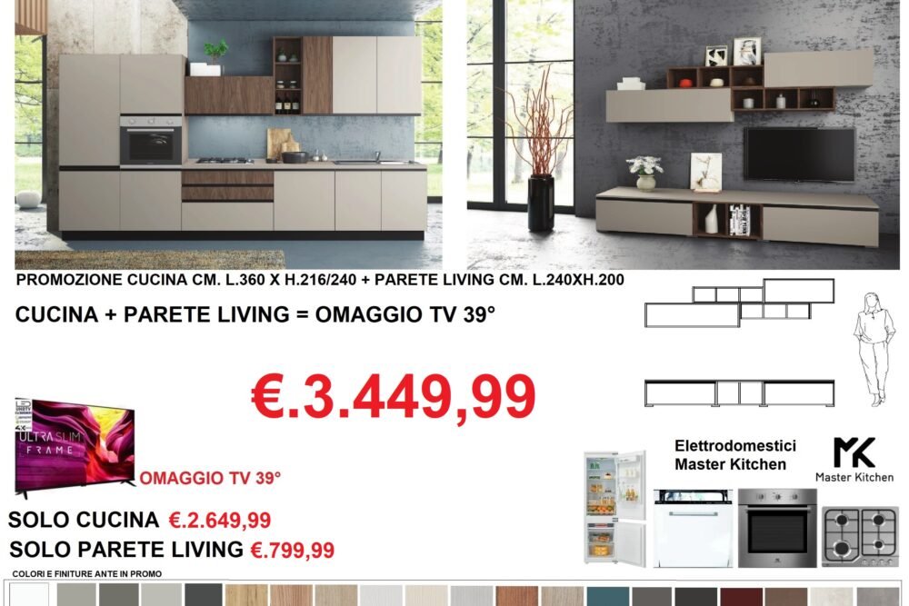 PROMO 4 CUCINA+PARETE LIVING+OMAGGIO TV 39° MOD.PRIME SISTEMA GOLA