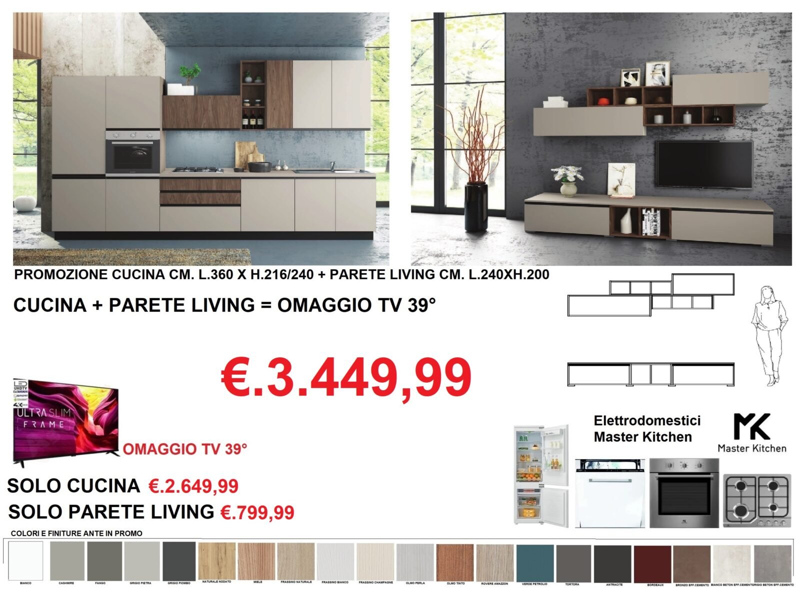 PROMO 4 CUCINA+PARETE LIVING+OMAGGIO TV 39° MOD.PRIME SISTEMA GOLA