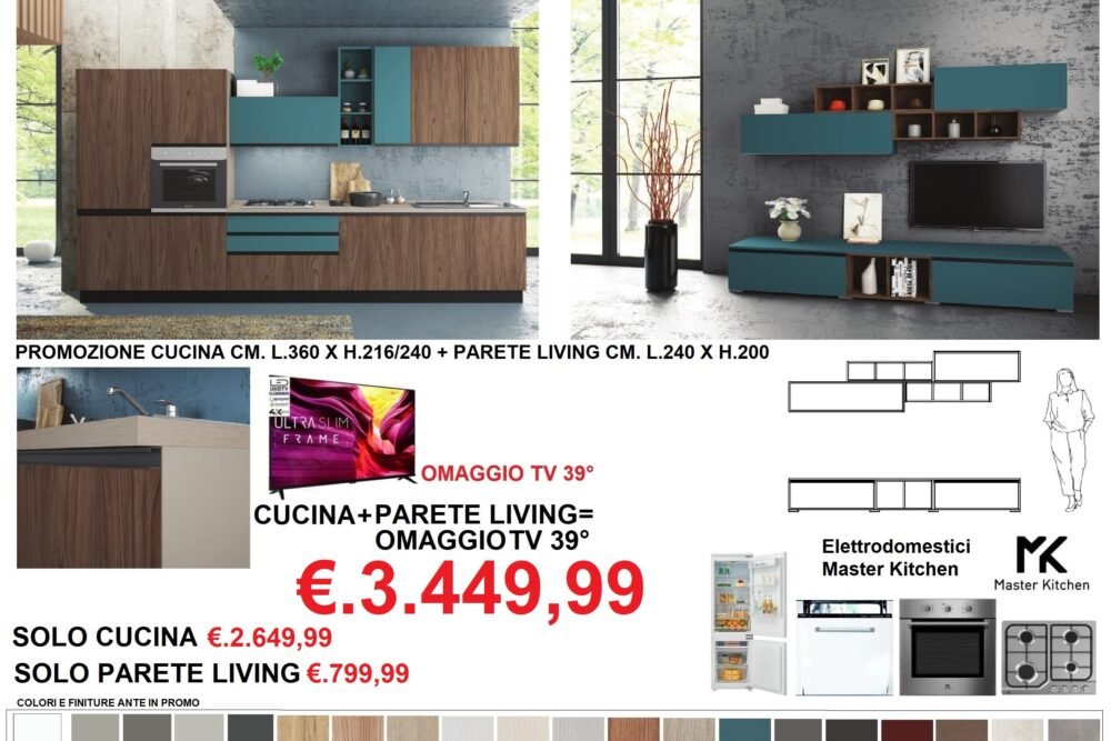 PROMO 5 CUCINA+PARETE LIVING+OMAGGIO TV 39° MOD.PRIME SISTEMA GOLA