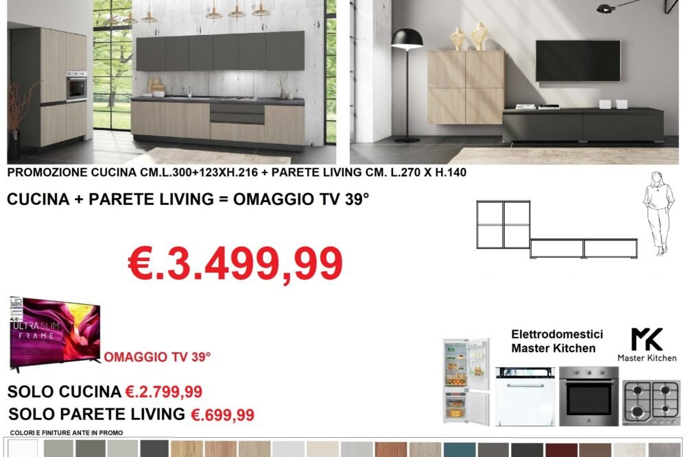 PROMO CUCINA+PARETE LIVING+OMAGGIO TV 39° MOD. PRIME SISTEMA GOLA