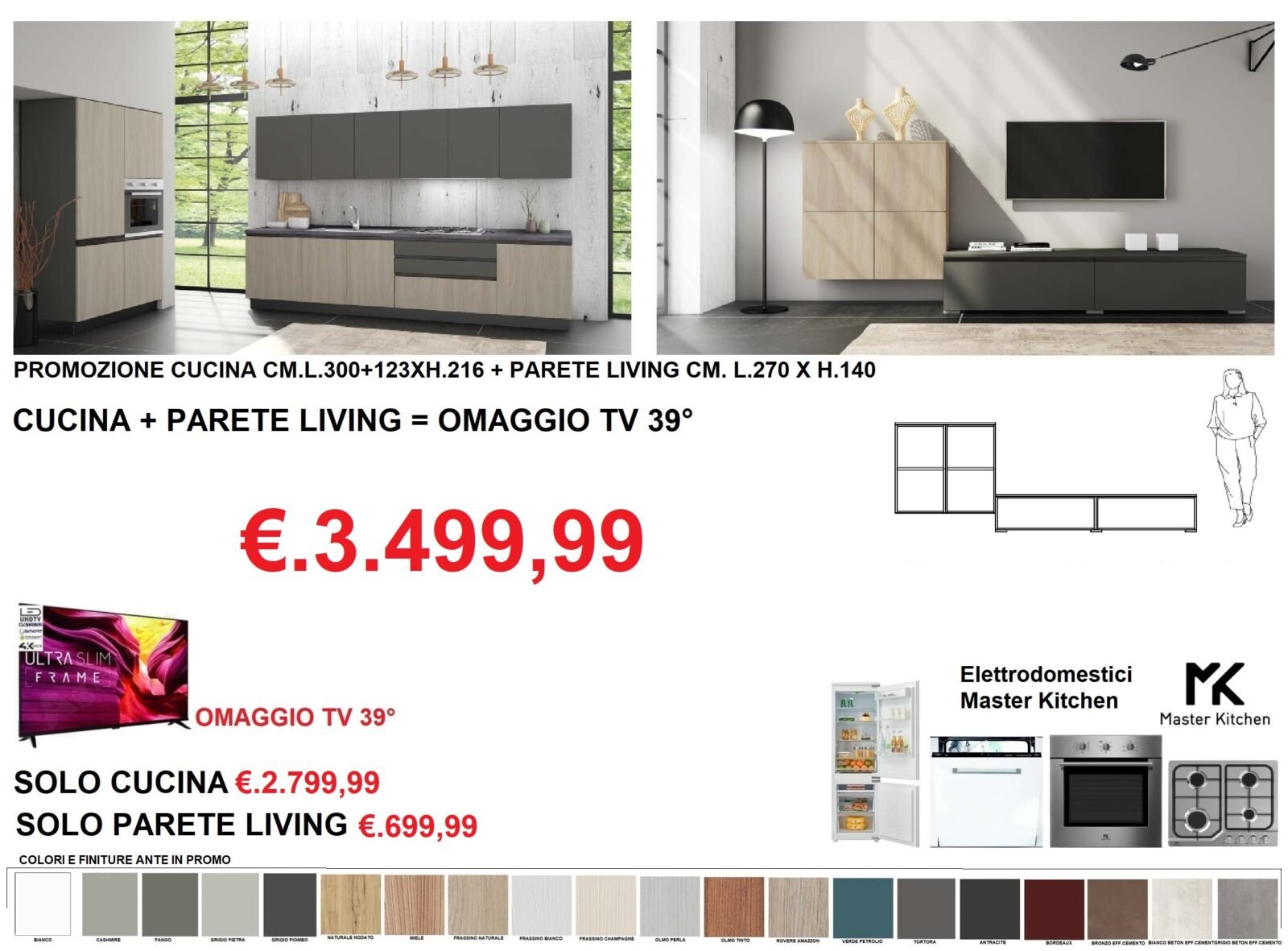 PROMO CUCINA+PARETE LIVING+OMAGGIO TV 39° MOD. PRIME SISTEMA GOLA