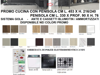 PROMO CUCINA MODELLO DAFMAYA CUCINA CM L. 453 X H. 216 / 240 X PROF. 60 PENISOLA CM L. 330 X H. 76 X PROF. 90