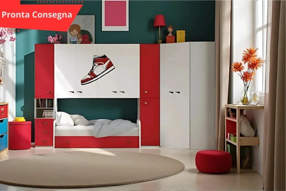Cameretta a ponte con cabina armadio Nike Rosso pronta consegna