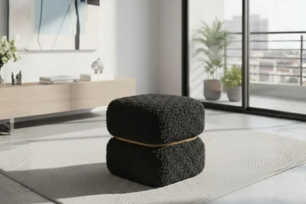 Zoom Pouf Pelliccia di Pecora Nera