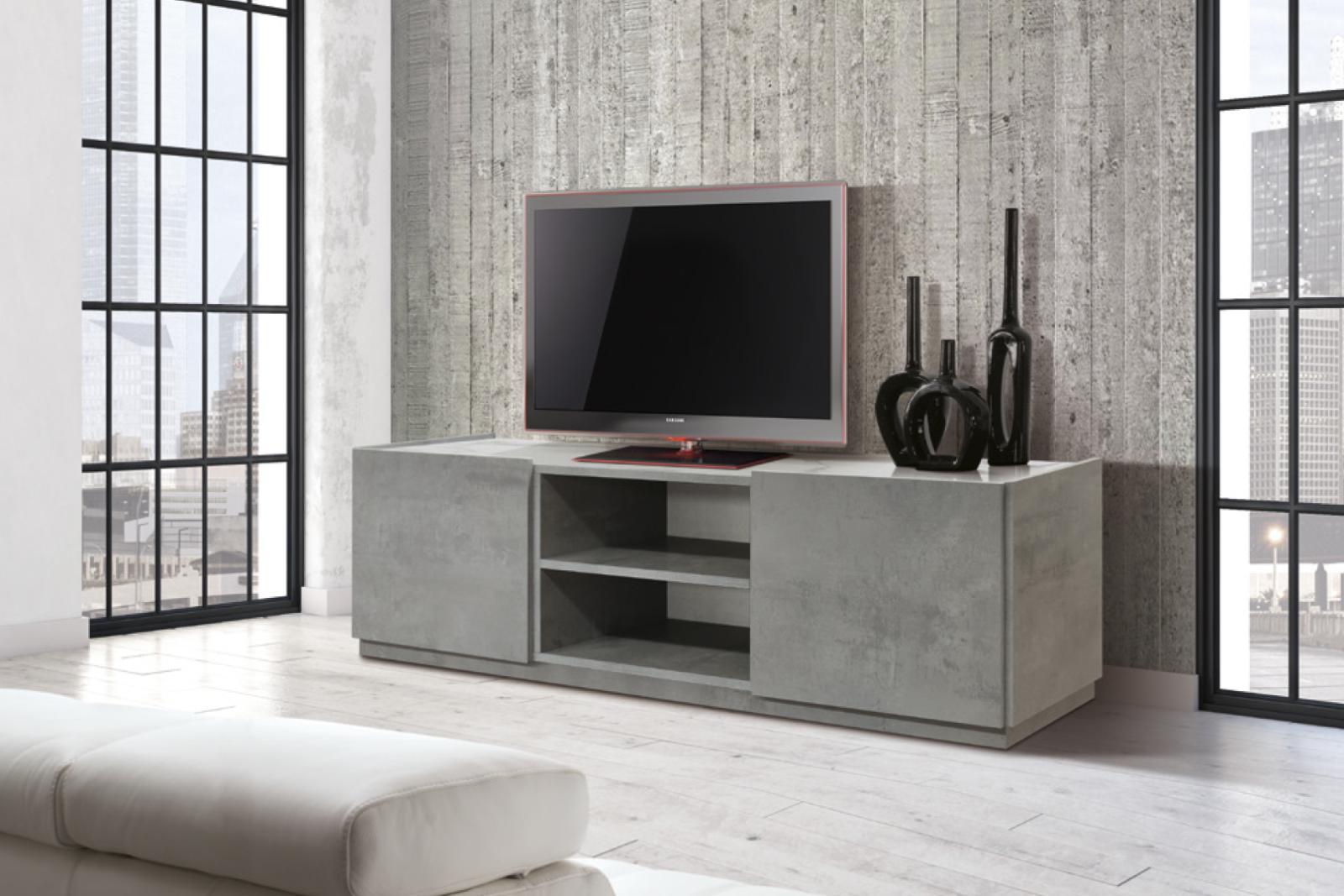 Art. 1852 - Base TV in Grigio Cemento e piano Bianco Statuario A