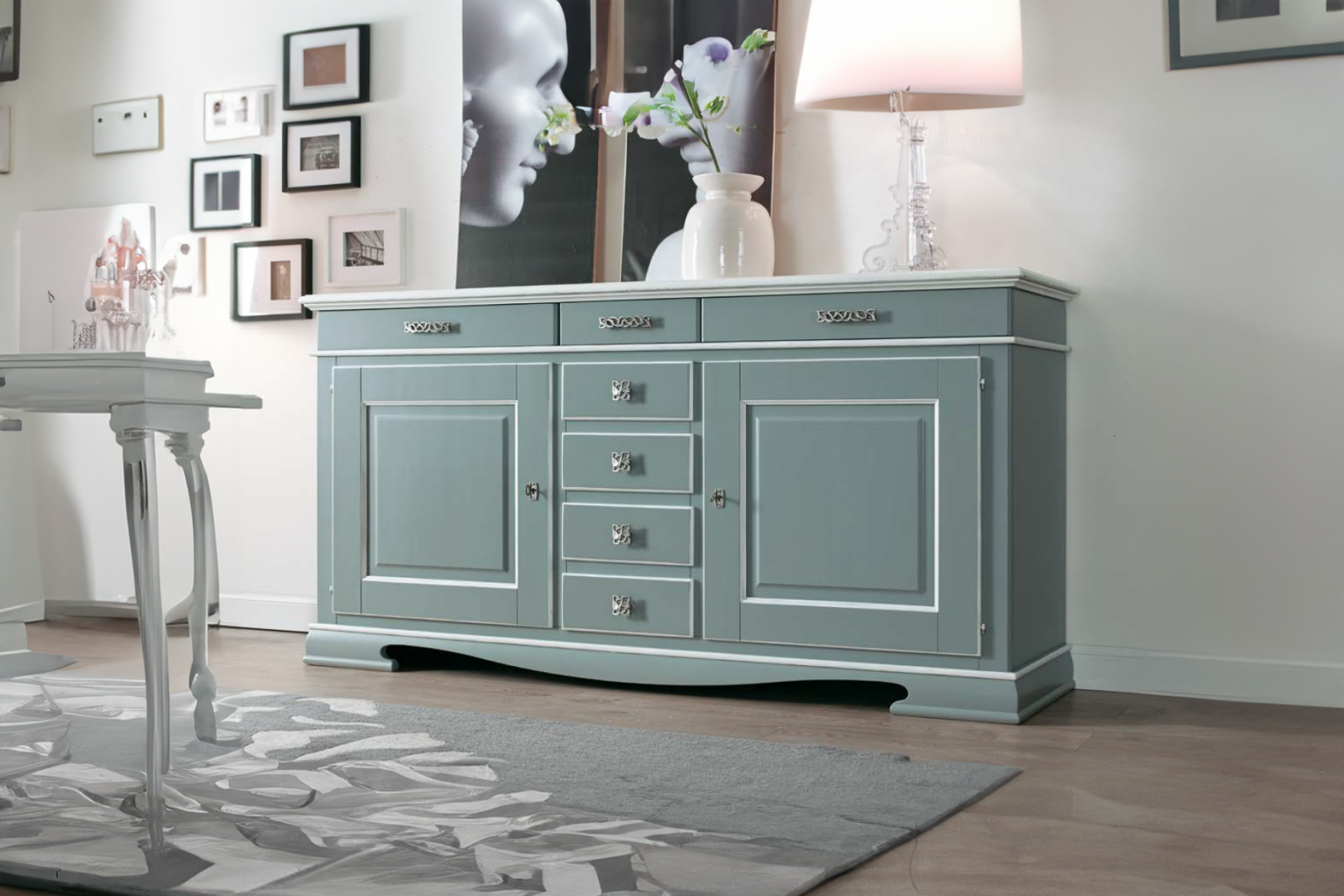 Credenza - Finitura Grigio Laccato con Profili Bianco