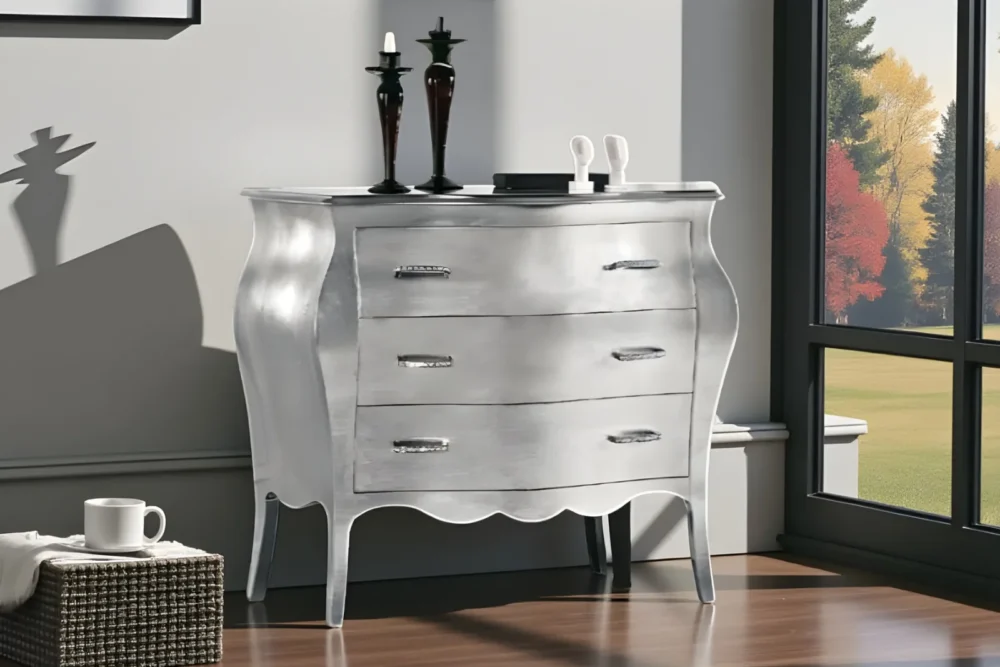 Comò bombato 3 cassetti foglia argento Swarovski ART403