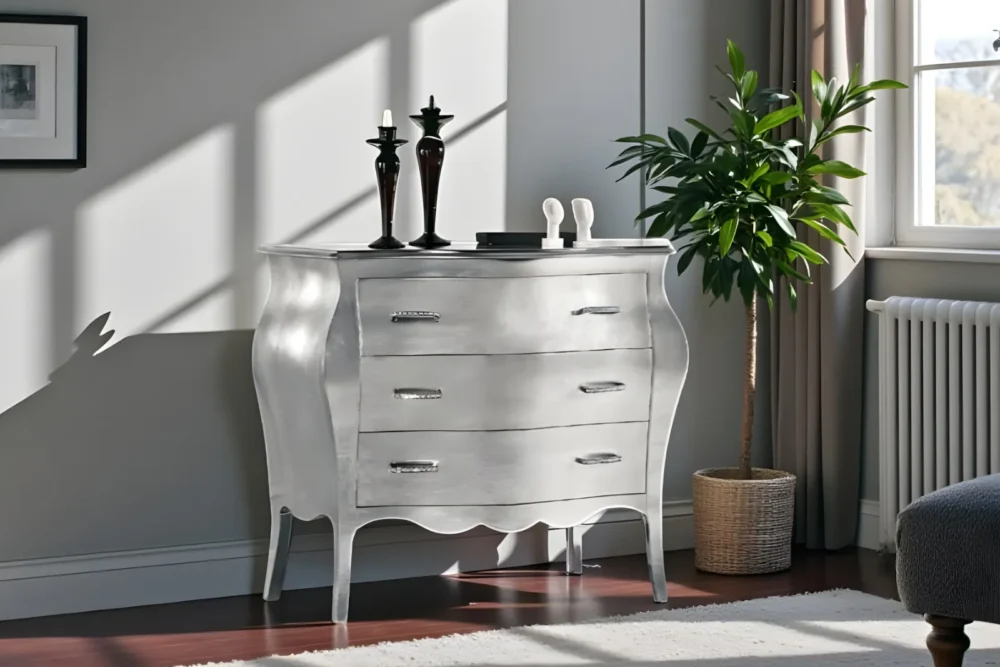 Comò bombato 3 cassetti foglia argento con maniglia in Metallo art403m