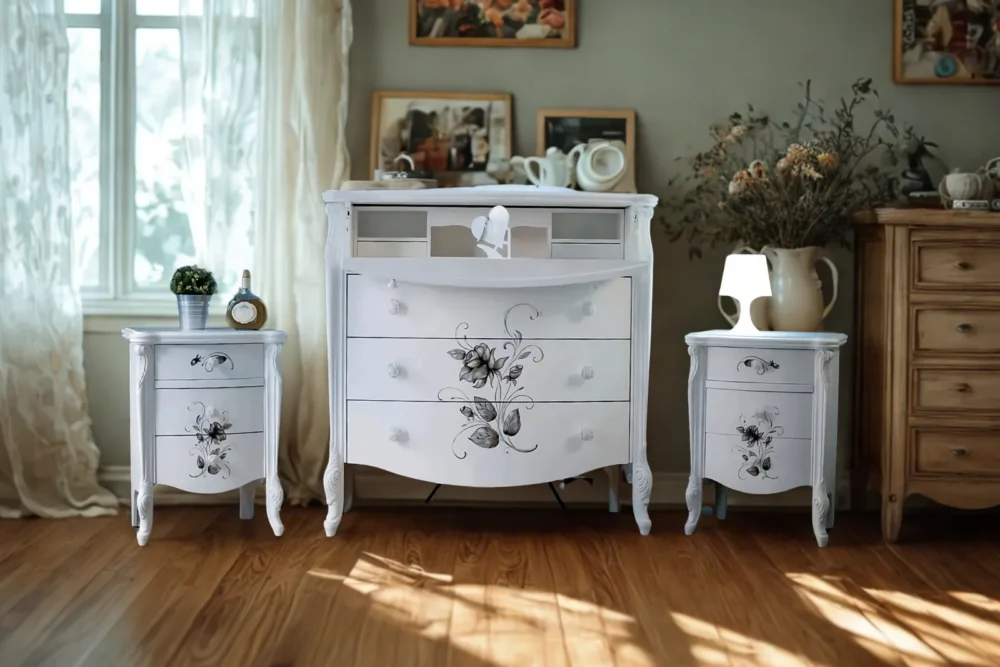 Gruppo Comò +2 Comodini laccato bianco + decoro