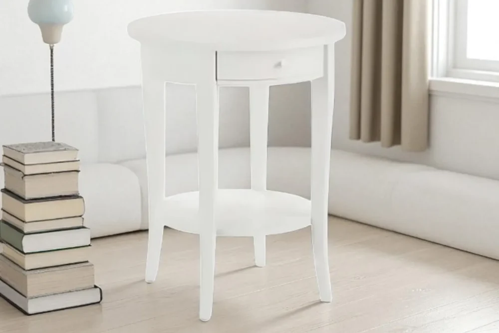 Tavolino rotondo laccato bianco 1 cassetto