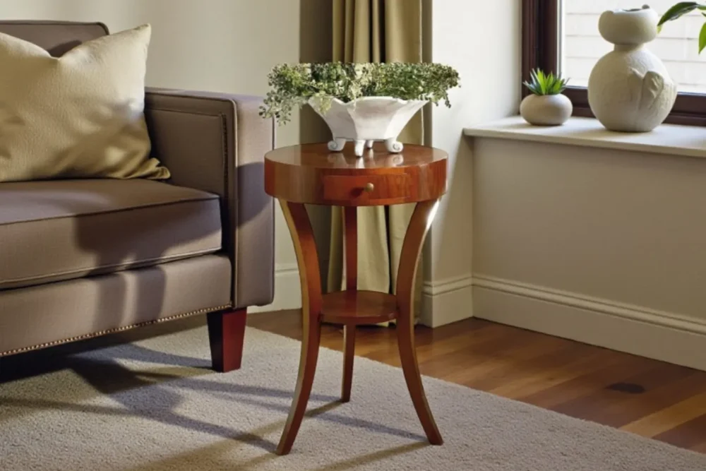 Tavolino tondo 1 cassetto con ripiano noce intarsiato art 668