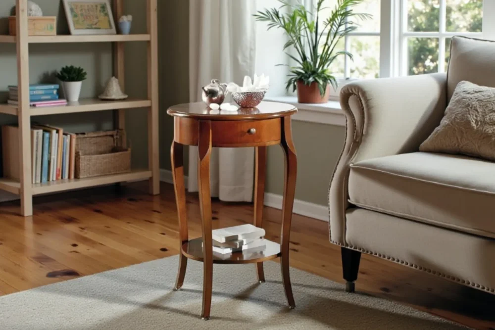 Tavolino tondo 1 cassetto in ciliegio con ripiano - Art. 667