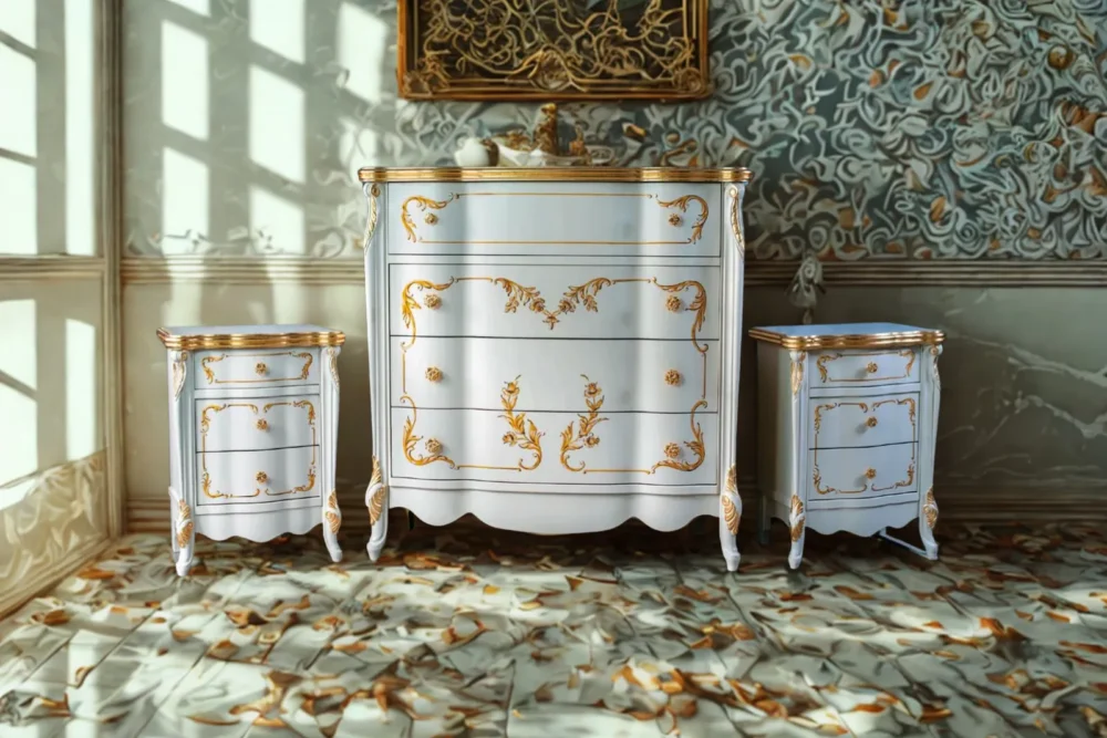 zoom uno Gruppo comò +2 comodini laccato bianco decori oro