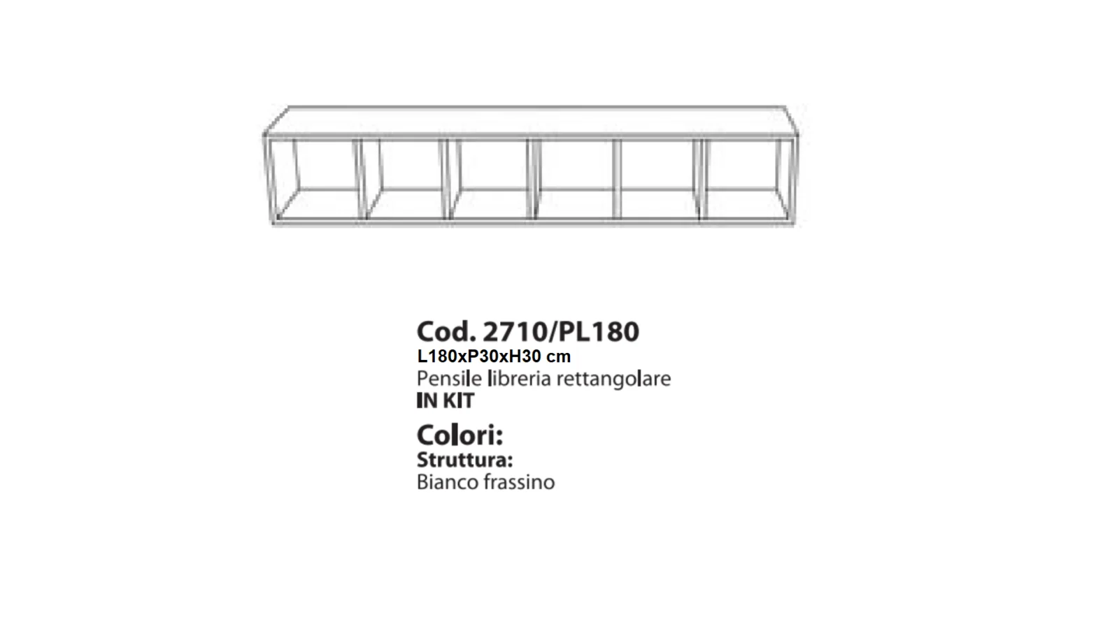 Pensile orizzontale libreria L180xP30xH30 cm- Bianco Frassinato "pronta consegna"