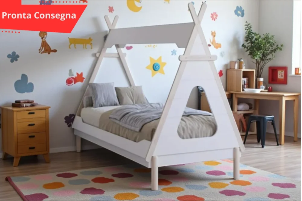 Letto Capanna Bianco-singolo legno massello
