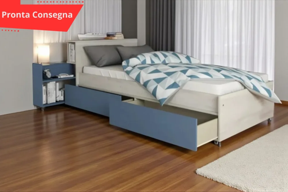 Letto Singolo - Comodino Estraibile Celeste