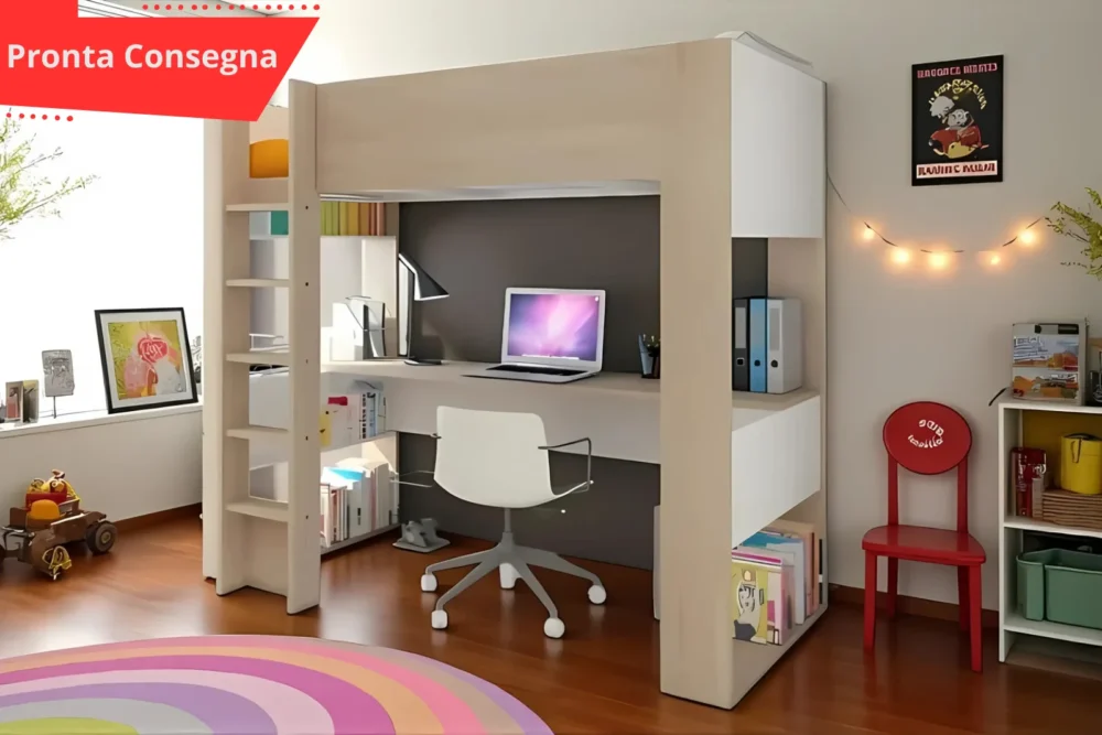 Cameretta con letto a soppalco e scrivania