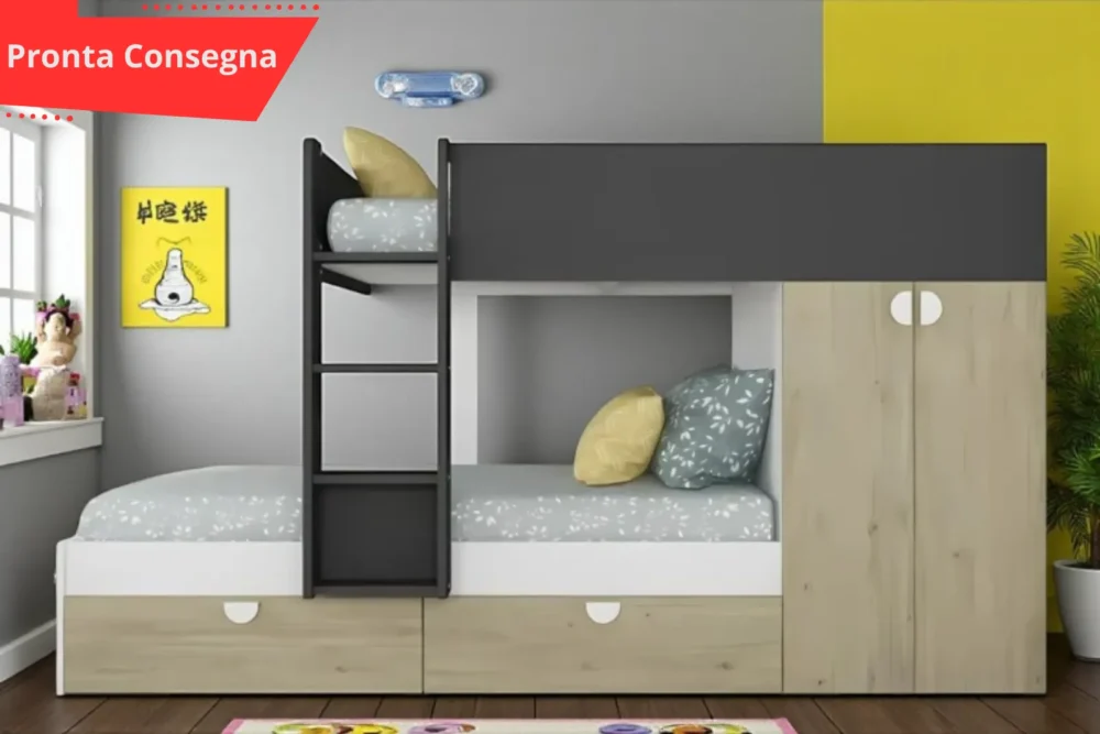 Cameretta letto a castello con cassettoni antracite