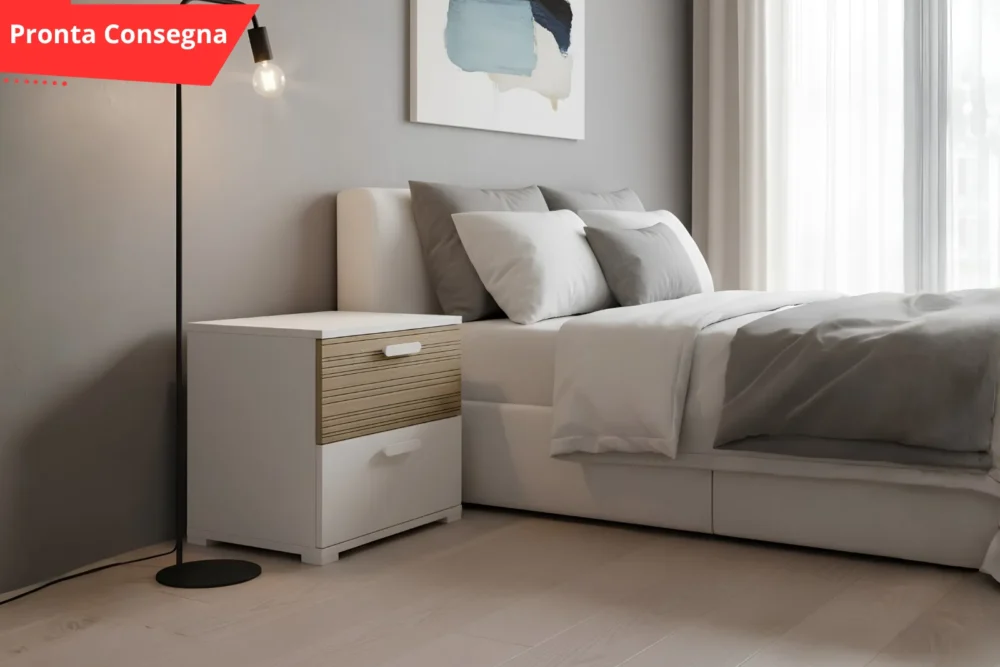 Comodino con 2 cassetti BiancoRovere rigato pronta consegna