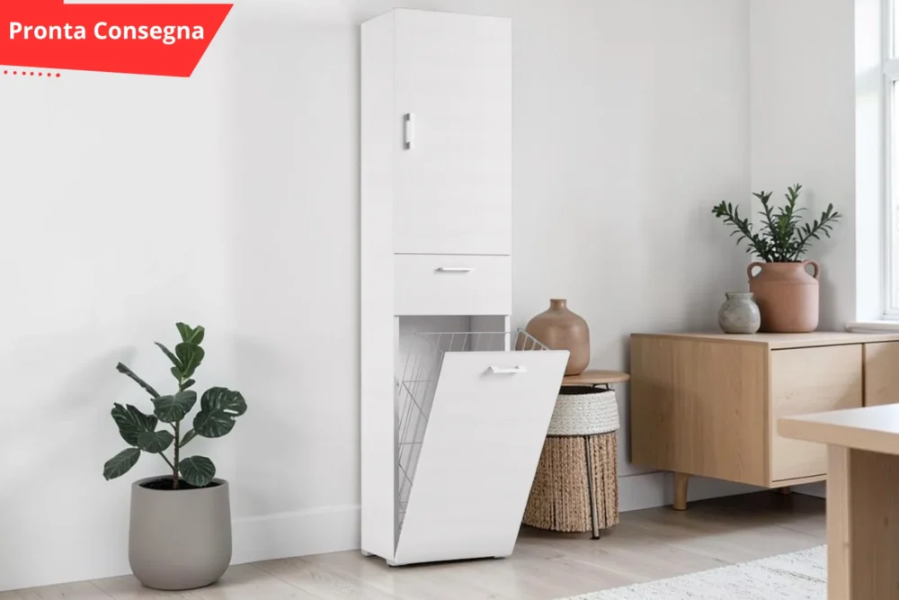 Mobile multiuso con cestello porta biancheria Bianco pronta consegna